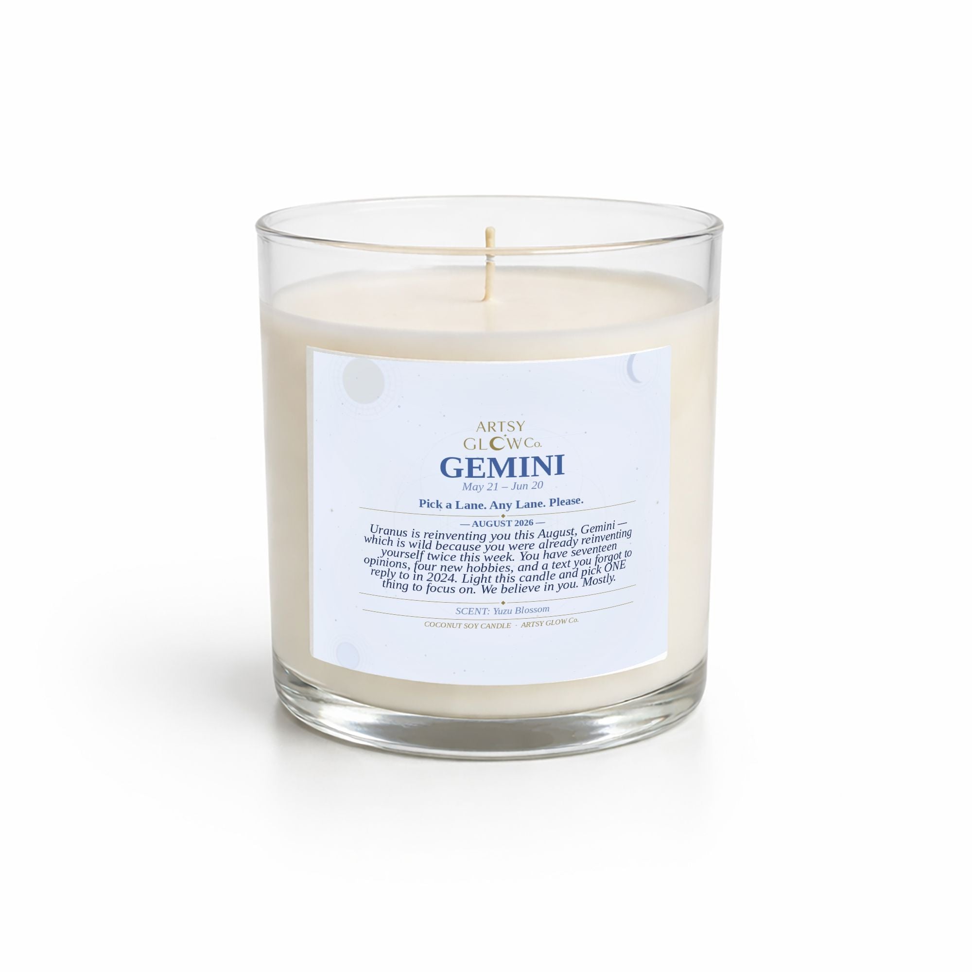 Gemini-Sided Clear Glass Candle 12.5oz